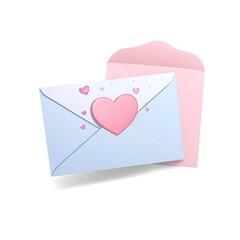 A light blue envelope with a pink heart on the flap, and a pink envelope behind it.