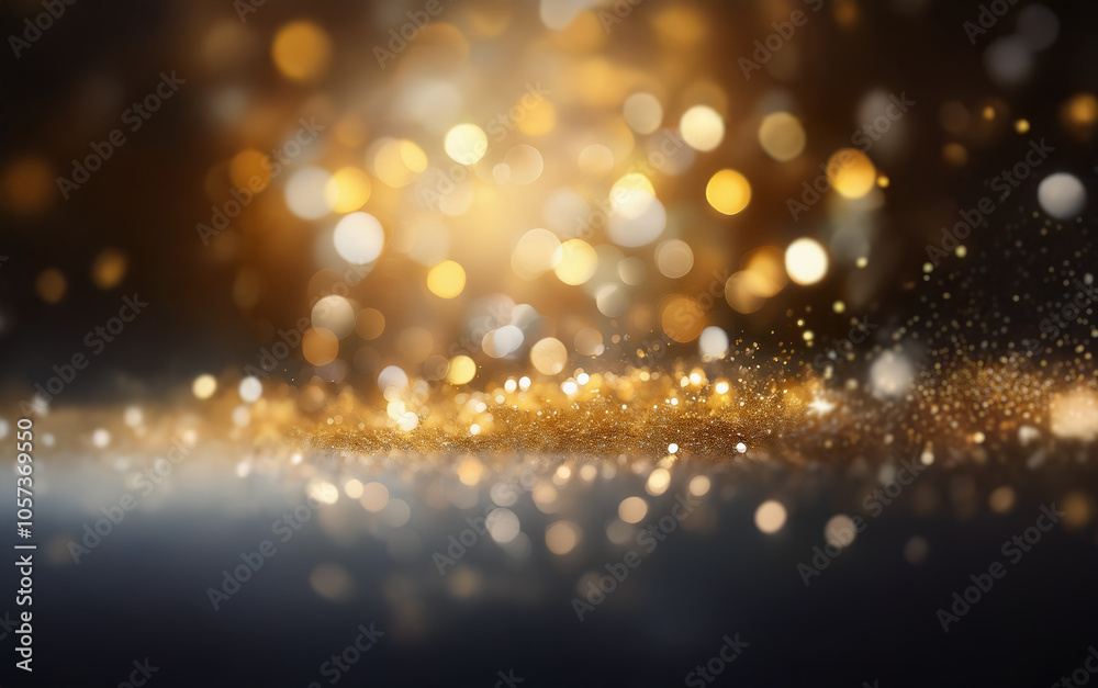 Poster a dark background with a layer of shimmering gold glitter, with a blurry backdrop of golden lights.