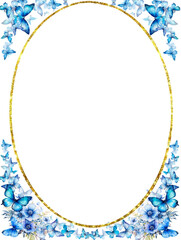 Wedding decorations,Oval gold frame with blue flowers and butterflies,