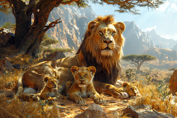 Naklejka premium lion with lioness, cubs lie near tree in African savannah, family of carnivorous predators.
