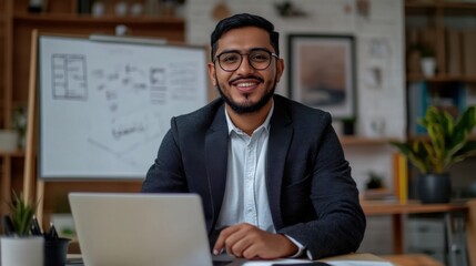 Obraz premium Muslim entrepreneur presenting business strategies, whiteboard and laptop in focus, with