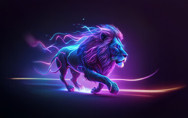 A majestic lion with a flowing mane of neon light, set against a dark background.