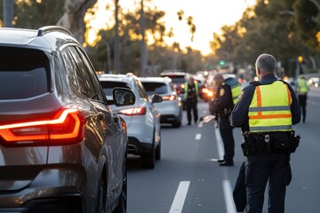 A group of vigilant police officers perform traffic checks on a busy highway, ensuring road safety and maintaining order among the flowing lanes of vehicles.