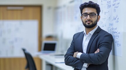 Fototapeta premium Pakistani business executive explaining project details with a whiteboard, laptop nearby, clean