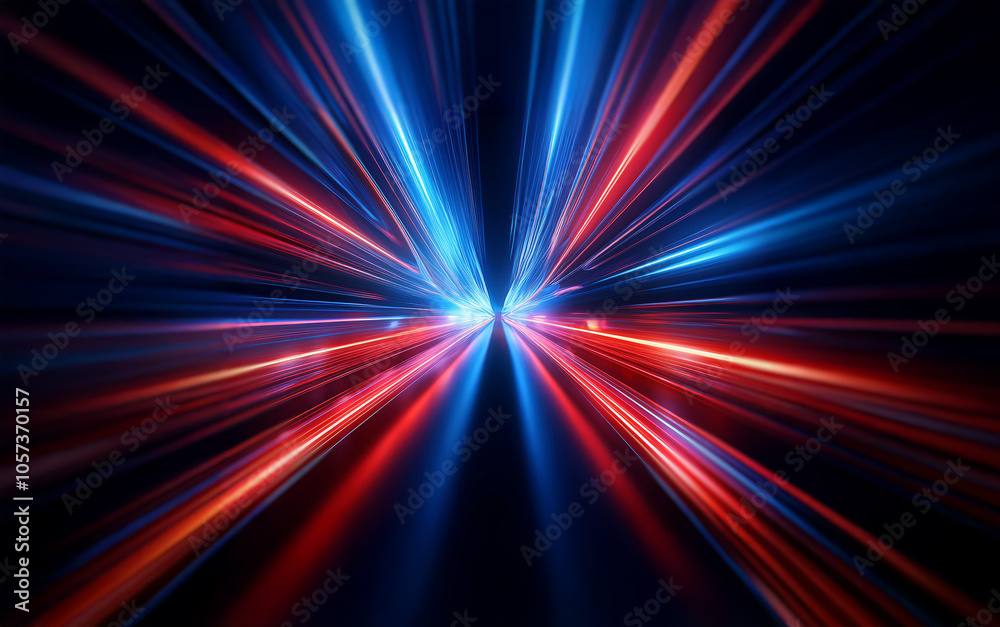 Poster abstract image of streaks of blue and red light radiating outward from a central point against a bla