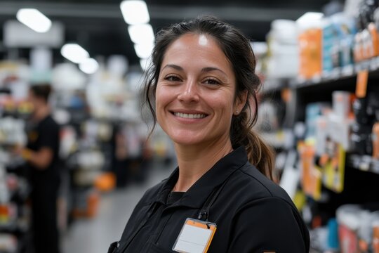 A friendly worker stands in a store aisle with a name badge, projecting positivity and readiness to assist customers with their shopping needs smiling warmly.
