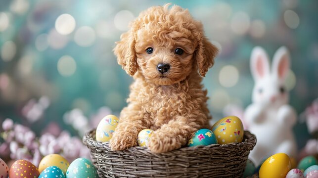 Cute, fluffy poodle puppy sitting in an Easter basket, surrounded by colorful eggs and a bunny, with flowers in the background and a bokeh effect. Professional photography with sharp focus on the enti