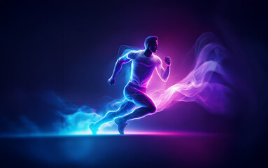A silhouette of a runner with neon blue and pink smoke trails behind them, set against a dark background.