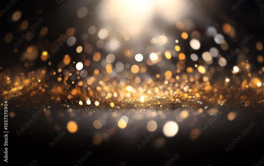 Poster a dark background with a spotlight illuminating golden glitter and bokeh.