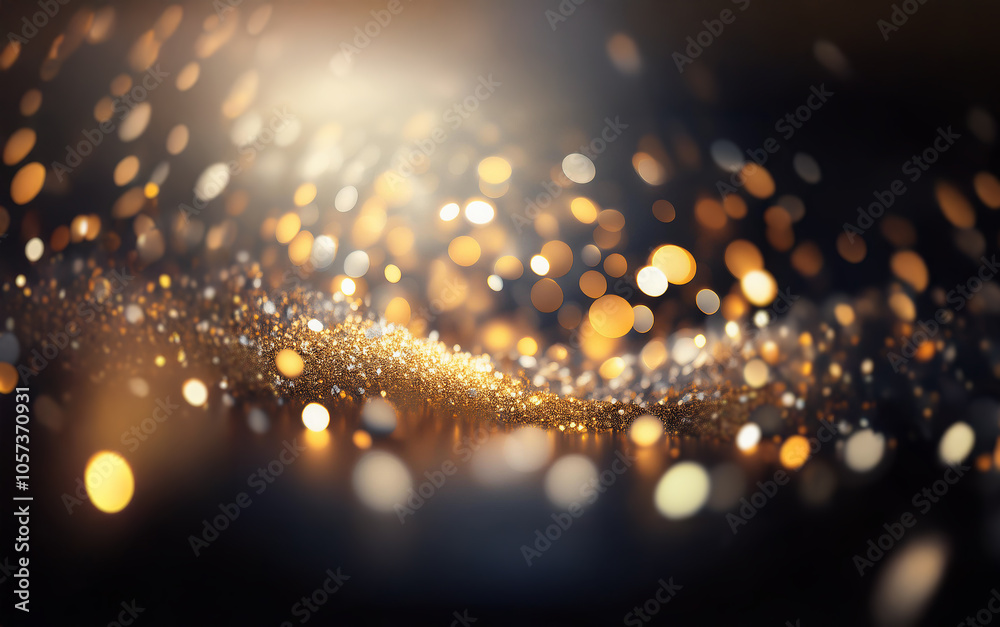 Poster abstract bokeh lights in gold and silver swirl across a black background.