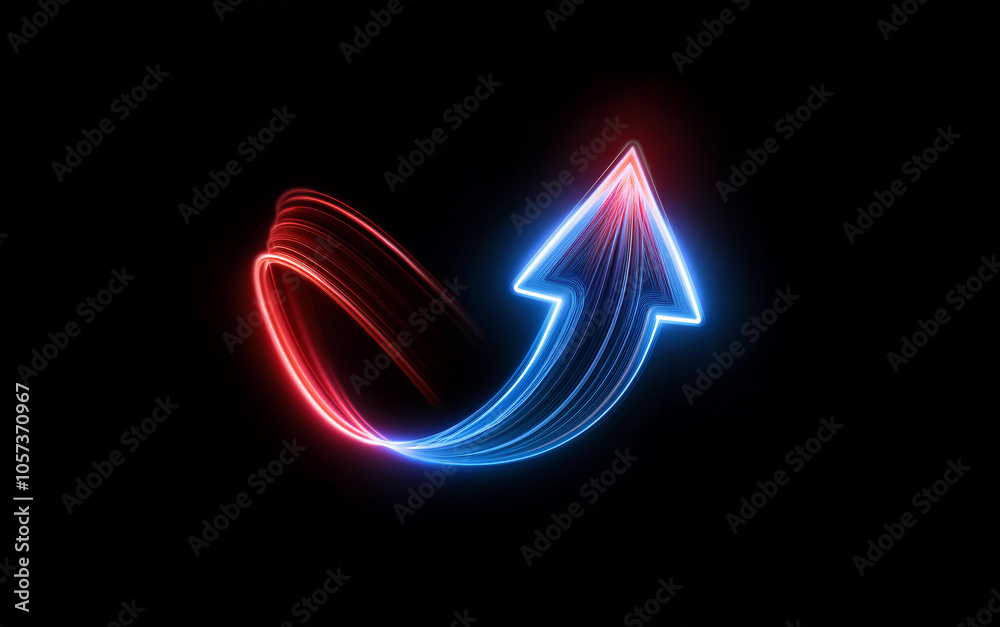 Poster a neon red and blue arrow pointing upward on a black background, the arrow forms a curve, showing mo
