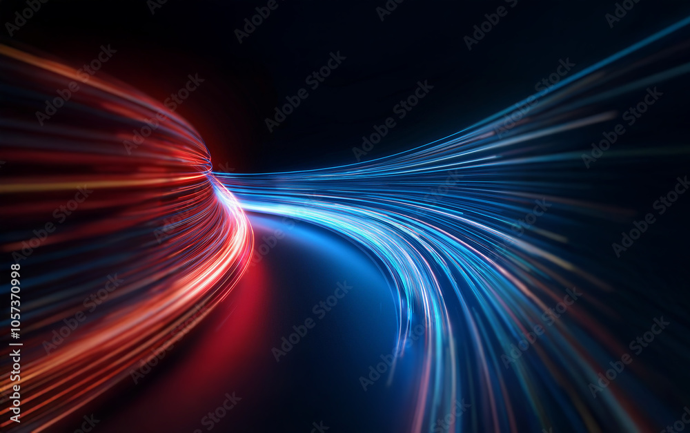 Poster abstract streaks of red and blue light move in opposite directions on a black background.