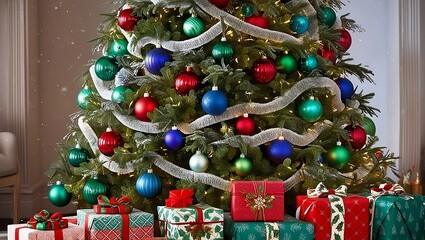 A majestic Christmas tree stands tall, adorned with an array of vibrant ornaments in shades of emerald green, ruby red,