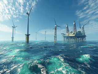 Offshore wind turbines and oil rig platform amid a vast ocean under a clear blue sky.