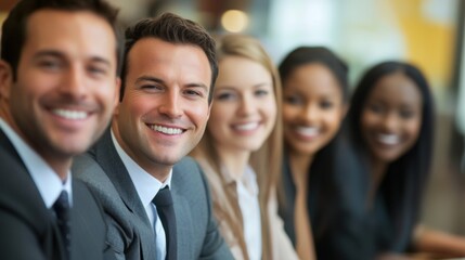 Team of smiling business people from different backgrounds in an office, reflecting success
