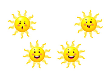 A collection of four cartoon suns with varying facial expressions, including happy, laughing, surprised isolated in transparent background