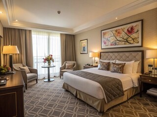 Elegant Hotel Room Interior with Modern Decor, Cozy Ambiance and Luxurious Touches for Hospitality and Travel