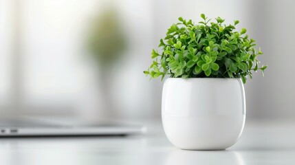 Fototapeta premium A small green potted plant sits on a desk, adding a touch of nature to a modern workspace.