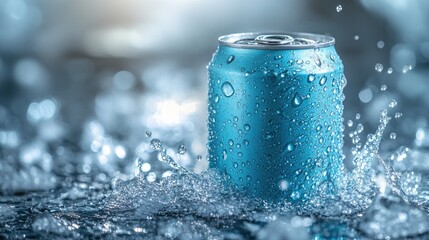 A close-up of a blue soda can surrounded by water droplets and splashes.