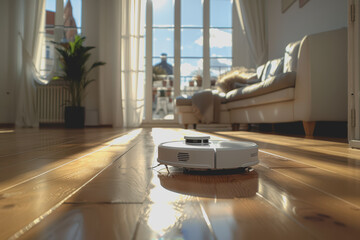 Fototapeta premium Happy robotic vacuum cleaner navigating a room, with a content smile as it cleans.