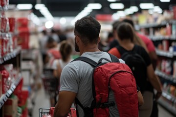 Fototapeta premium View from behind of a group of shoppers navigating through a busy supermarket aisle, each person focused on selecting their groceries amid the crowd.