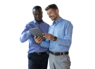Two diverse business partners standing and discussing project working together on a transparent background