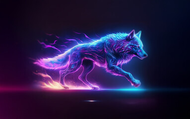 Fototapeta premium A neon wolf with glowing fur runs across a dark surface, leaving a trail of iridescent flames behind it.