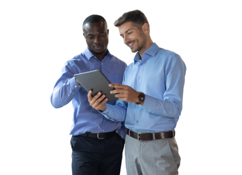 Two diverse business partners standing and discussing project working together on a transparent background