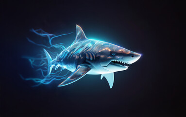 Obraz premium A shark with glowing blue and white accents against a dark background, radiating energy and a sense of power.