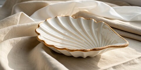 Elegant White and Beige Seashell-Shaped Dish Isolated on a Soft Background for Home Decor and Tableware Inspiration