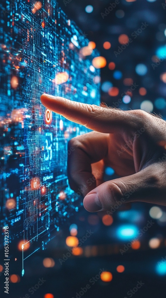 Wall mural human finger touching a digital interface with glowing data points and connections, symbolizing the 