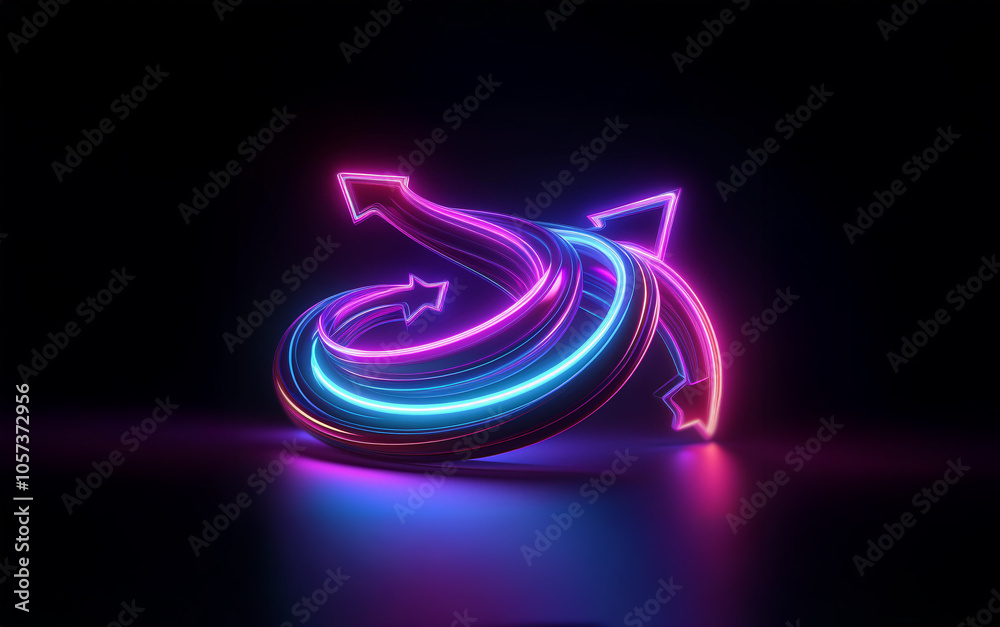Poster two neon arrows intertwined in a spiral shape, creating a glowing orb against a black background.