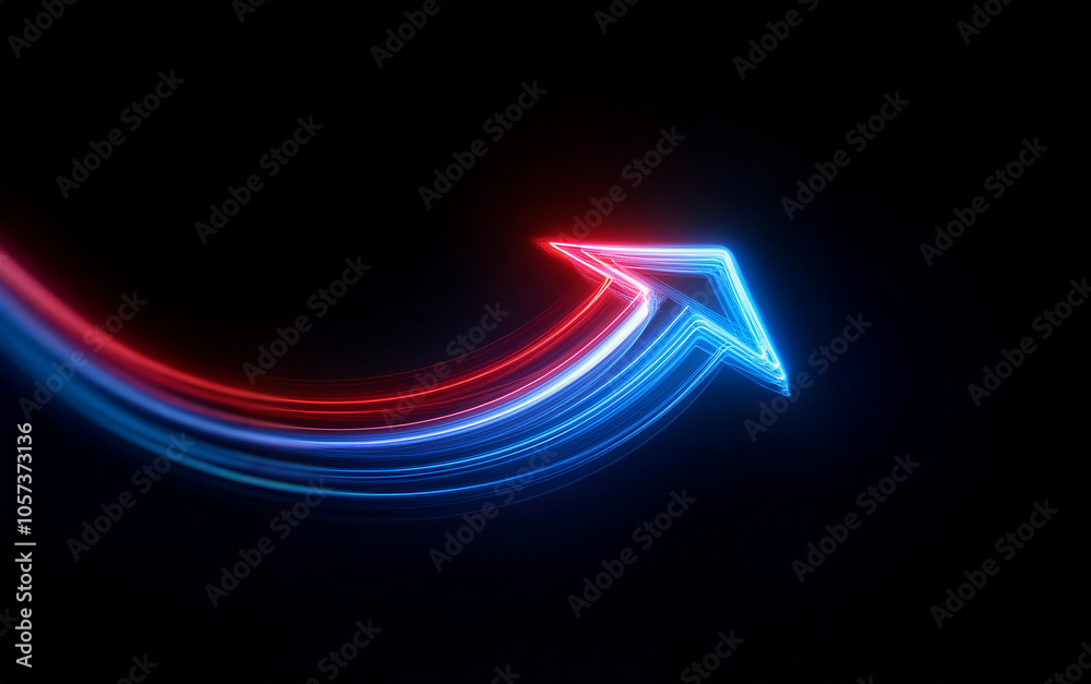 Fototapete a blue and red neon arrow pointing upwards against a black background. the arrow has a slight curve 