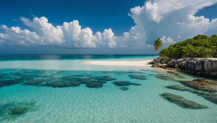 Obraz premium A secluded tropical beach with pristine white sand and clear turquoise sea water.