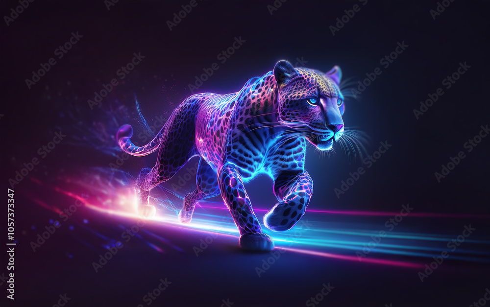 Poster a neon cheetah running with a glowing tail in a dark environment with bright light streaks.