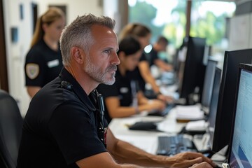 A male emergency services operator works diligently at a computer, surrounded by colleagues, processing urgent information in a busy command center environment.