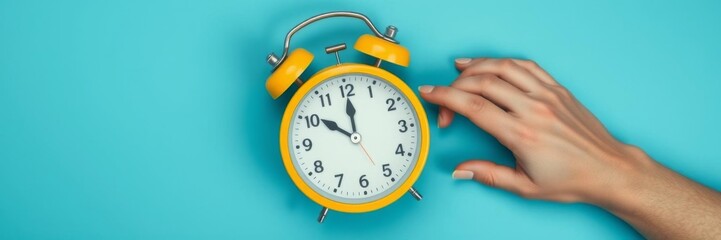 Male hand holding black vintage alarm clock on bright yellow blue background, minimal style, morning concept, time, work