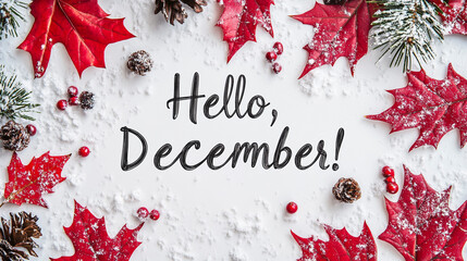 winter and snow leaves on a light background top view with the inscription Hello, December