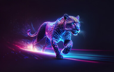 A neon cheetah running with a glowing tail in a dark environment with bright light streaks.