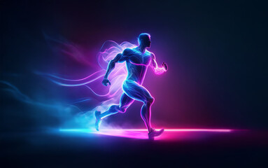 A glowing figure of a runner with dynamic lines of light trailing behind.