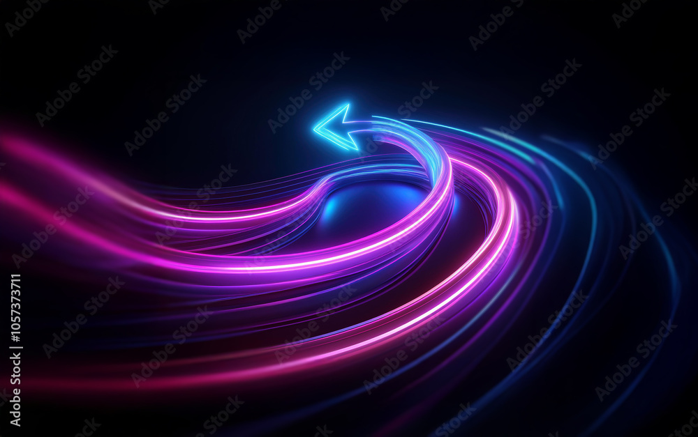 Poster a vibrant blue and pink neon arrow curves around a sphere, creating a dynamic and futuristic light s