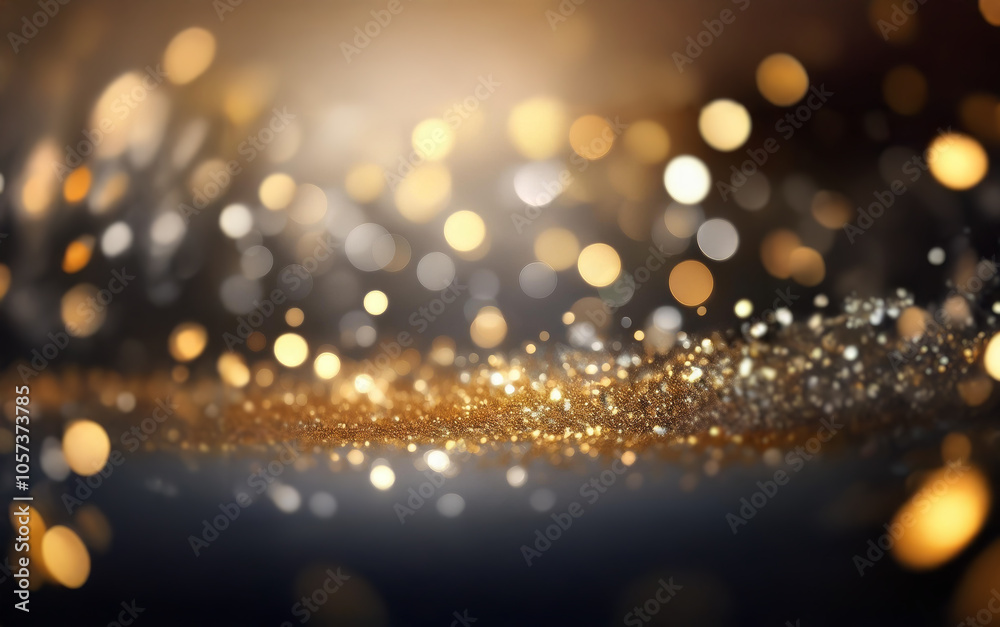 Poster a dark background with a layer of golden glitter and bright out-of-focus lights.