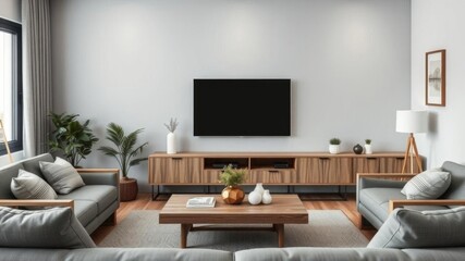 Modern gray living room with wooden TV stand and coffee table, decorated with minimalist decor, modern, wooden