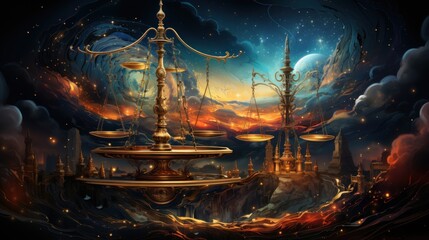 A cosmic scene featuring ornate scales against a vibrant celestial backdrop.
