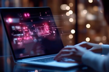 This image highlights the action of typing on a laptop, with a futuristic digital interface overlay, underlining themes of technology, innovation, and connectivity.