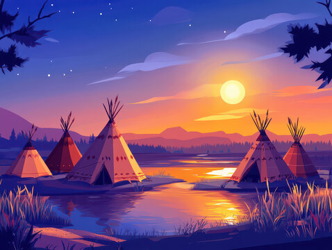 Beautiful sunset over a serene lake with traditional teepees reflecting warm, vibrant colors of the evening sky.
