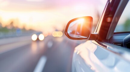 A car's side mirror reflects the sunset, capturing a serene moment on a busy road, infused with warm light.