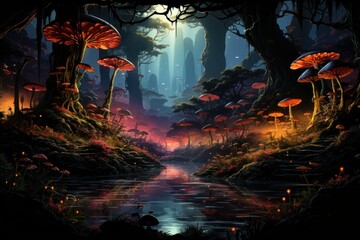A mystical forest with glowing mushrooms and a serene waterway under ethereal light.