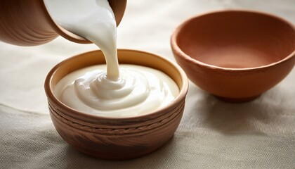 Frischer Joghurt wird in eine Schüssel gekippt, die auf einem beigen Leinentuch steht.