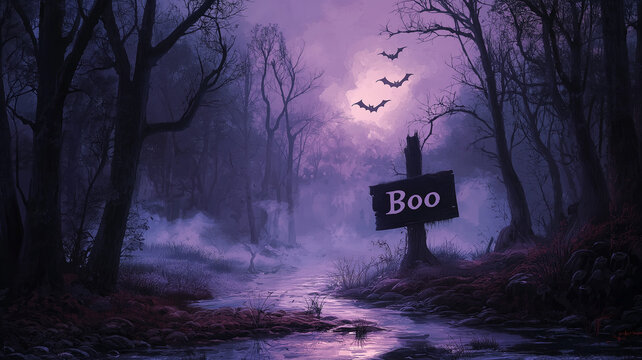 A haunting scene in woods features sign reading Boo, surrounded by eerie trees and bats flying overhead. misty atmosphere evokes sense of mystery and spookiness